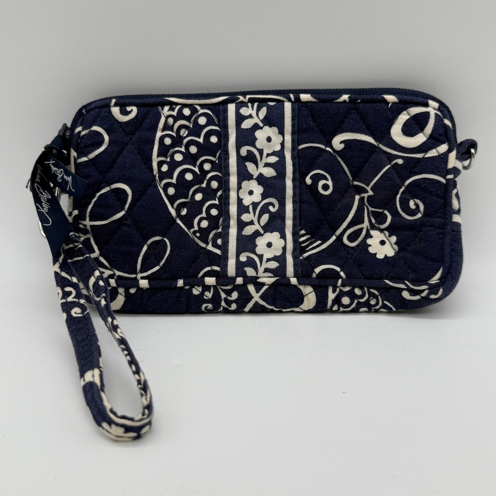 Vera Bradley Wristlet Clutch Wallet Twirly Birds Navy Blue Paisley Floral